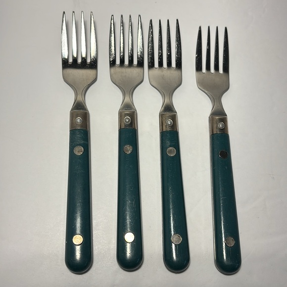 Pier 1 Imports Stainless Flatware Green Teal Rounded Handles SO 12 Forks Knives - Picture 7 of 14
